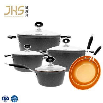 China JHS Sustainable Induction Black Casserole Aluminum Nonstick Stick Cookware Set Non Cooking Pot for sale