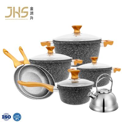 China Durable Durable Whistling Kettle 12pcs Granite Marble Coated Family Kitchen Aluminum Stick Cookware Set Non Forged Cookware For Camping for sale