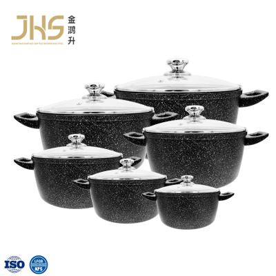 China JHS Sustainable 12 Piece Insulated Casserole Black Marble Coating Pot Non Stick Aluminum Kitchens Pans Hot Pots for sale