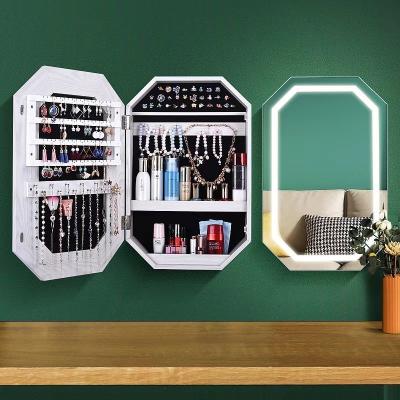 China Contemporary Customized Wall Mounted Jewelery Storage Mirror LED Dressing Mirror Storage Make Up Boxes With Mirror for sale