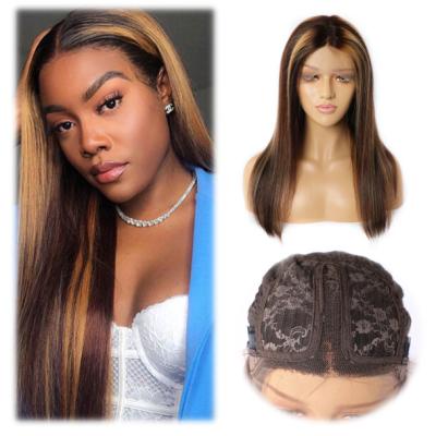 China Silky Straight Wave Ready To Ship Wholesale Honey Blonde Highlight Straight 4/27# Color 13*6 T-Part Lace Front Brazilian Hair Wigs For Women for sale