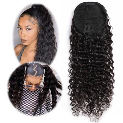 China Clean Soft Ready To Ship Wholesale Seller Double Weft Drawn Weave Deep Curly Raw Virgin Brazilian Wrap Drawstring Ponytail Hair Extensions for sale