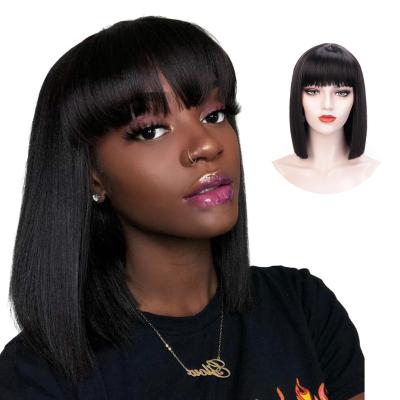 China Silky Straight Black Bob Wigs High Temperature Fiber Synthetic Hair Wigs 12inch March Expo Clean Soft Style New With Bangs Hair for sale