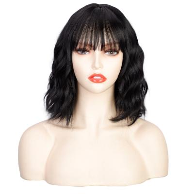 China Daily Bob Water Wave Machine Made Short Wigs Clean Soft Synthetic Black Color Heat Resistant Female Wigs for sale