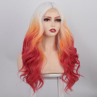 China Europe And USA Hot Selling Synthetic Hair 24 Inches Colorful Lace Front Ombre Long Body Wave Wigs For Women Halloween Party for sale