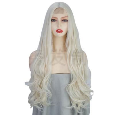 China Fashionable Synthetic Body Wave Hair High Temperature Lace Front Wigs Long Silver Gray Natural For Women Halloween Cosplay Party for sale