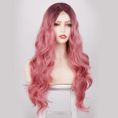 China Hot Sale 2022 Body Wave Synthetic Lace Front Wigs High Temperature Long Pink For Women Halloween Cosplay Party for sale