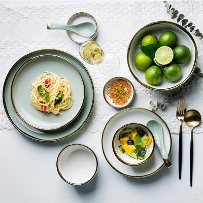 China Viable Nordic Ceramic Dinnerware Set With Gold Rim Multiple Colors Green Pink White Black Fine Quality Graceful Dish for sale