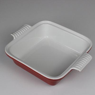 China Sustainable Red Rectangular Ceramic Baking Dish Tray Bakeware with Lid Custom Ceramic Baking Pan Bread and Cake Porcelain Baking Pan for sale