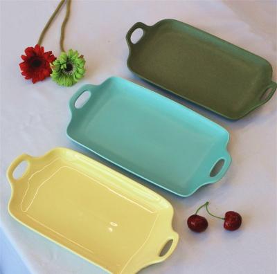 China Viable blue rect /Yellow/Green porcelain rectangle dish microware safe ceramic barbecue dish for sale