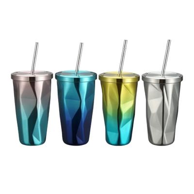 China Sustainable Insulated Gradient Color Double Wall Stainless Steel Straw Tumbler With Flip Lid for sale