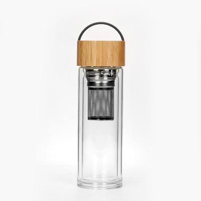 China Double Wall BPA Free 500ml Stocked Glass Water Bottle Tea Infuser With Leak-proof Bamboo Filter Lid Food Grade for sale