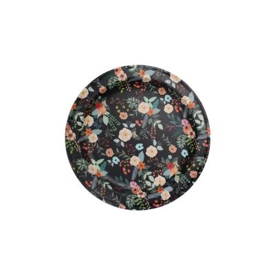 China Disposable black background with disposable colorful flowers around printed paper plates for sale