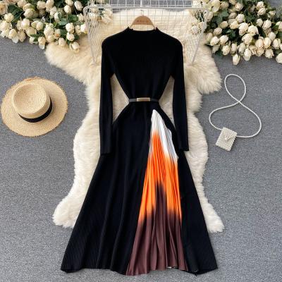 China 2021 New Winter Slim Patchwork Color Gradient Pleated Waist Long Sleeve Ladies Sweater Anti-static Women Dress Elegant Casual Wear for sale