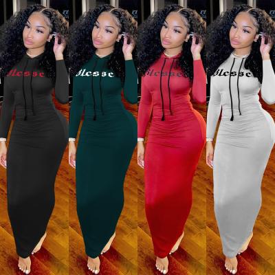 China 2021 Autumn And Winter New Fashion Solid Color Breathable Casual Pleated Hoodie Long Bodycon Dress Stylish Casual Wear for sale