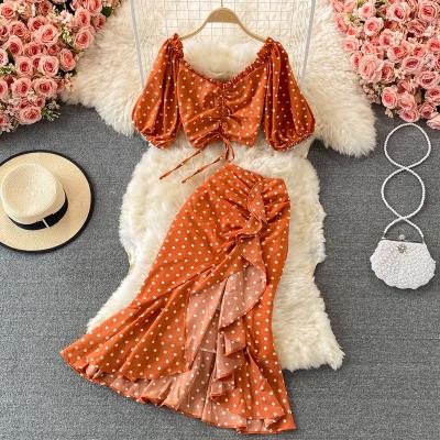 China Breathable Soft Floral Short Sleeve Seaside Top Vacation Set High Waist Ruffled Summer Fishtail Skirt Two Piece Set for sale