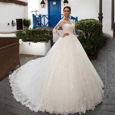 China Breathable Drop Shipping New 2021 Neck Train Long Sleeve Lace Bridal Wedding Dress Round White Elegant Bridal Gown Wedding Dress for sale