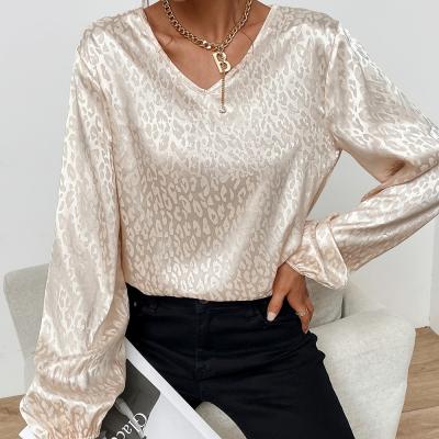 China New anti-pilling V-neck jacquard long sleeved dress shirt women's blouses and shirts 2022 first spring sweater leopard shirt women for sale