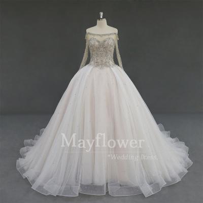 China Anti-Static Blush Bridal Gown Long Sleeves Embroidery Illusion Sweetheart Wedding Dresses for sale