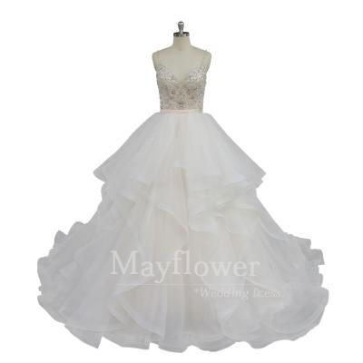 China Embroideried Anti-Static Blush Pink Wedding Dress Organza Ruffles Wedding Dresses for sale