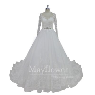 China Long Sleeve Anti-Static Porcelain Canton Bridal Wedding Dress With Rhinestone Sash for sale