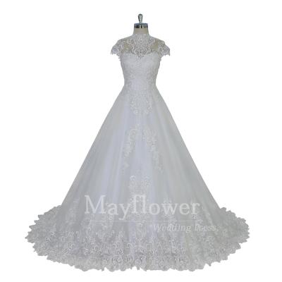 China New arrival anti-static hat sleeves high neck pretty lace appliques dress wedding line one from china for sale