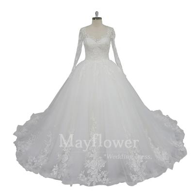 China Wholesale Anti-Static Puffy Bridal Gown Long Ball Sleeves Lace Up Wedding Dress Sample Real for sale