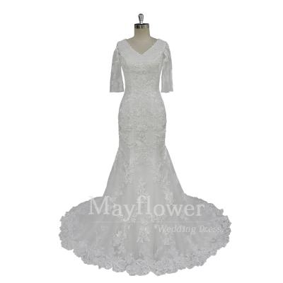 China Floating Anti-Static Modest Sleeves Lace Up Wedding Dress Slim Fit And Flares Wedding Dress for sale