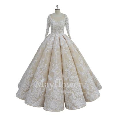 China 2020 Anti-Static Champagne Wedding Dress Beaded 3D Lace Long Sleeves Wedding Dresses for sale