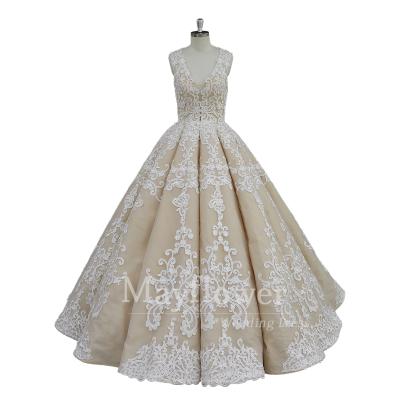 China Anti-static Ball Gown Bridal Champagne Deep V Neck Lace Wedding Dresses for sale