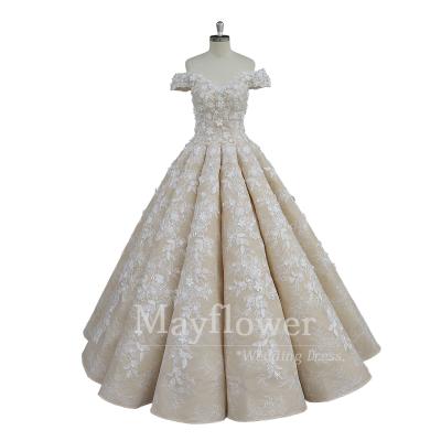 China Custom Made Anti-Static Beaded Ball Gown 3D Lace Off The Shoulder Wedding Dresses for sale