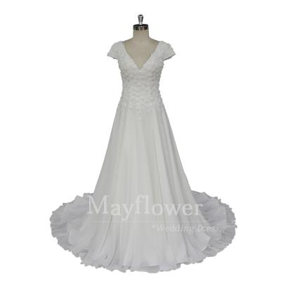 China 3D Beaded Anti-Static Lace Up Bridal Gown Cap Sheath Modest V Neck Chiffon Wedding Dress for sale