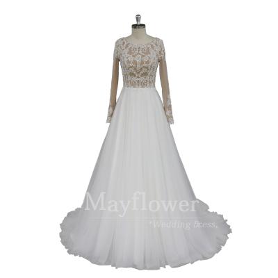 China Anti-Static Muslim Bridal Gown High Neck Mocha Long Sleeves Lace Up Wedding Dress for sale