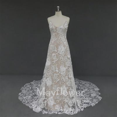 China Beautiful Scoop Neckline Mocha Anti-static Wedding Dress Lace Wedding Dress Floral Pattern New for sale