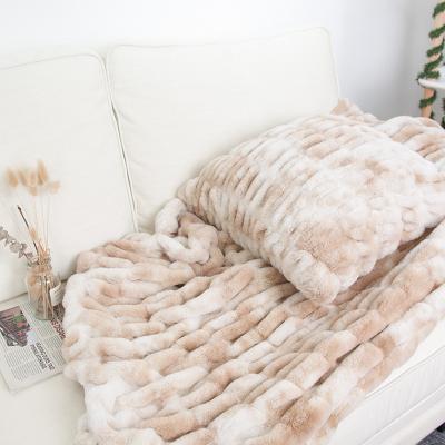 China Non-toxic luxury high quality faux lamb rabbit fur fur side hex double soft throw blanket with cushion for sofa for sale