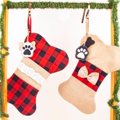 China Festival Celebration In Stock Fast Shipping Classic Vintage Bone Buffalo Decorative Plaid Knit Christmas Stocking For Home Decor for sale