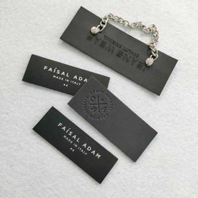 China Factory Sustainable Custom Chain Black Genuine Leather Embossed Printed Leather Label for sale