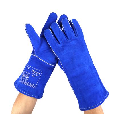 China Heat Resistant Grade AB 14 Inch Royal Blue Pilou Lined Cowhide Split Winter Safety Leather Welding Gloves for sale