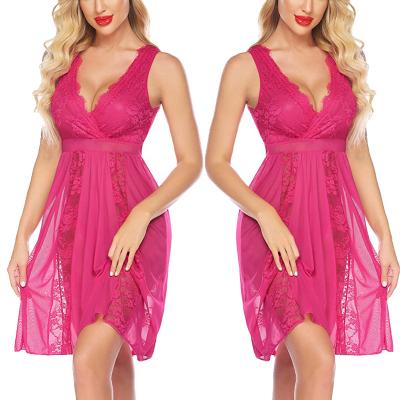 China Women's Sexy V-Neck Nightgowns Women's Nightgown See Floral Lace Rose Red Sexy Lingerie V-Neck Nightgowns for sale