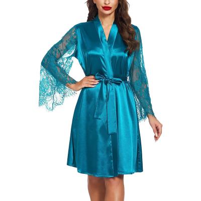 China Peacock Blue Lace Women's Satin Shorts V-neck Short Sleepwear 2023 Wholesale Floral Women's Satin Wedding Party Nightwear for sale