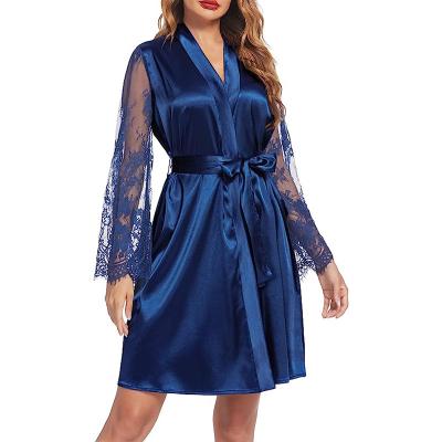 China Hot Selling Women's Floral V-Neckline Ladies Satin Wedding Party Shorts Navy Blue Lace Sleepwear Women's Wedding Party Satin Ladies Short V-Neck Sleepwear for sale