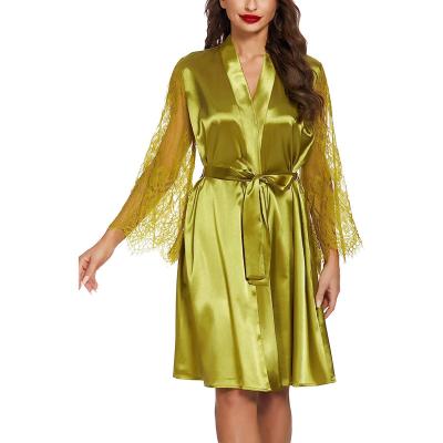 China Wholesale Women's Floral Lace Short Satin Nightgowns Relieve Women's Dark Yellow Floral Lace Wedding Party Satin V-Neck Short Nightgowns for sale