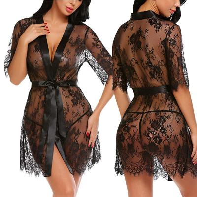 China 2 Piece Mesh Nightgown Dress Lingerie Women's Sheer Mesh Nightgown Dress Sheer V-Neckline Women's Sexy Floral Lace Long Robe See Women Babydoll Lingerie for sale