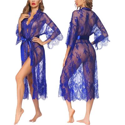 China Mesh Long Kimono Embroidery Transparent Nightgown Lace Seductive Sheer Lingerie Ladies Wholesale Ladies Transparent Seductive Nightgown for sale