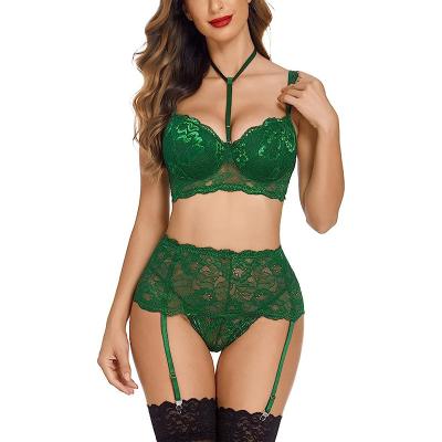 China See Through Lingerie Set With Garter Belt Factory Price Women See Through Sexy Dark Green Lace Lingerie Set With Garter Belt for sale