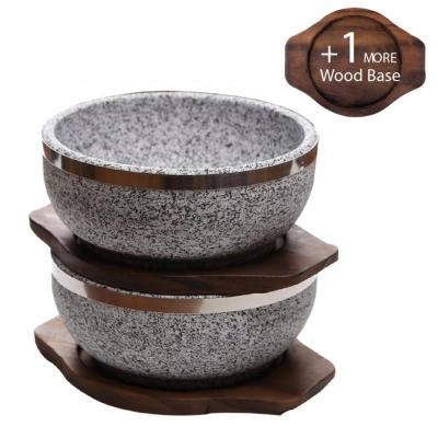 China Korea Selling Hot Stone Bowl Viable Stone Pot Granite Bowl With Wooden Base For Dolsot Bibimbap for sale