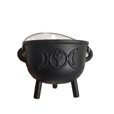 China Large Triple Viable Moon Goddess Cast Iron Cauldron with Lid and Handle for Incense Stain Burning Kit Altar Ritual Sage Burning Candle Holder for sale