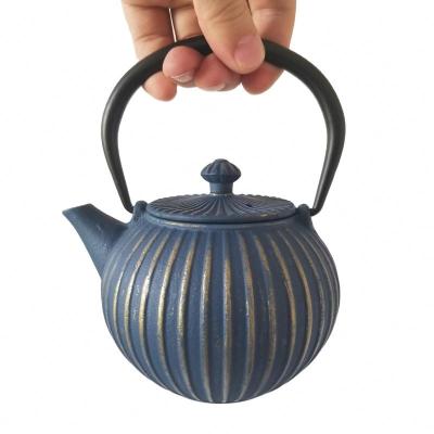 China Lantern Style 500ml Sustainable Blue Cast Iron Teapot Fully Inner Enamel With SS Filter for sale