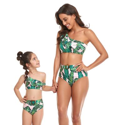 China Breathable Custom Design Mommy And Me Matching Shoulder Frill Print Acceptable Family Swimsuit For Europe America Audtralia for sale