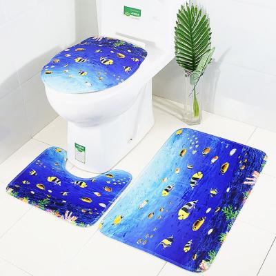 China Washable 3d Printed Pattern Blue Color Toilet Seat Cover Wholesale Bathroom Latest 4 Pieces Toilet Mat Anti-Slip Set for sale